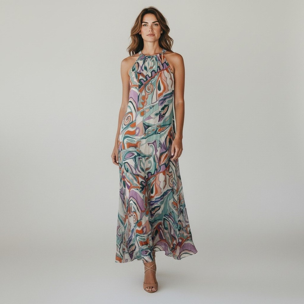 Etcetera Maxi Dress Women 6 Multicolor Good Sleeveless Halter Mod Print